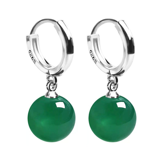 QLYOVWE Handmade Jade Earrings Basic Gemstone Round 12MM Bead Ball Drop Dangle Earrings Rose Quartz Stone Natural Agate Bead Jade Drop Earrings for Women (Green)