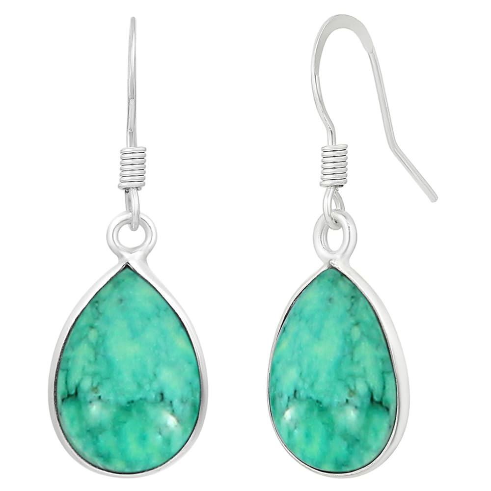 Natural Turquoise Sterling Silver Plated Dangle Earrings for Women - Green Stone December Birthstone Teardrop Shape Handmade Earrings Jewelry - Women's day Gifts for Her