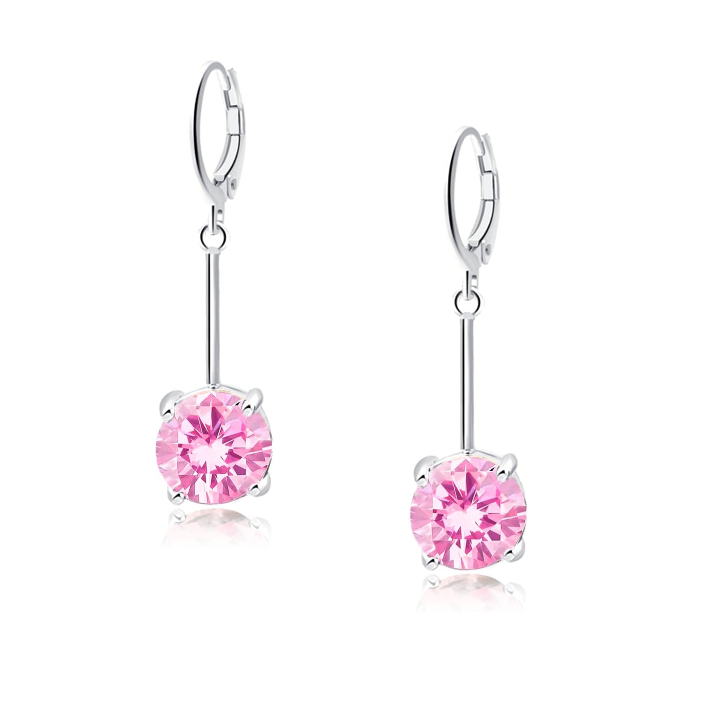 VONSSY Gemstone Drop Dangle Earrings | Platinum/Gold Plated Leverback Crystal Cubic Zirconia Hanging Red/Pink/Blue Earrings (Pink-Platinum)