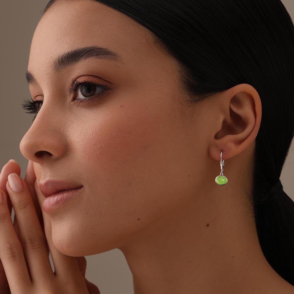 LeCalla 925 Sterling Silver Bezel-Set Leverback Earrings | Green Jade Oval Gemstone Drop Earrings for Women 23MM