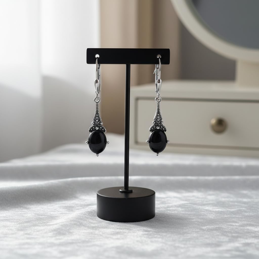 Natural Black Onyx Earrings 925 Sterling Silver Vintage Retro Leverback Dangle Drop Earrings Birthday Jewelry Gifts for Women