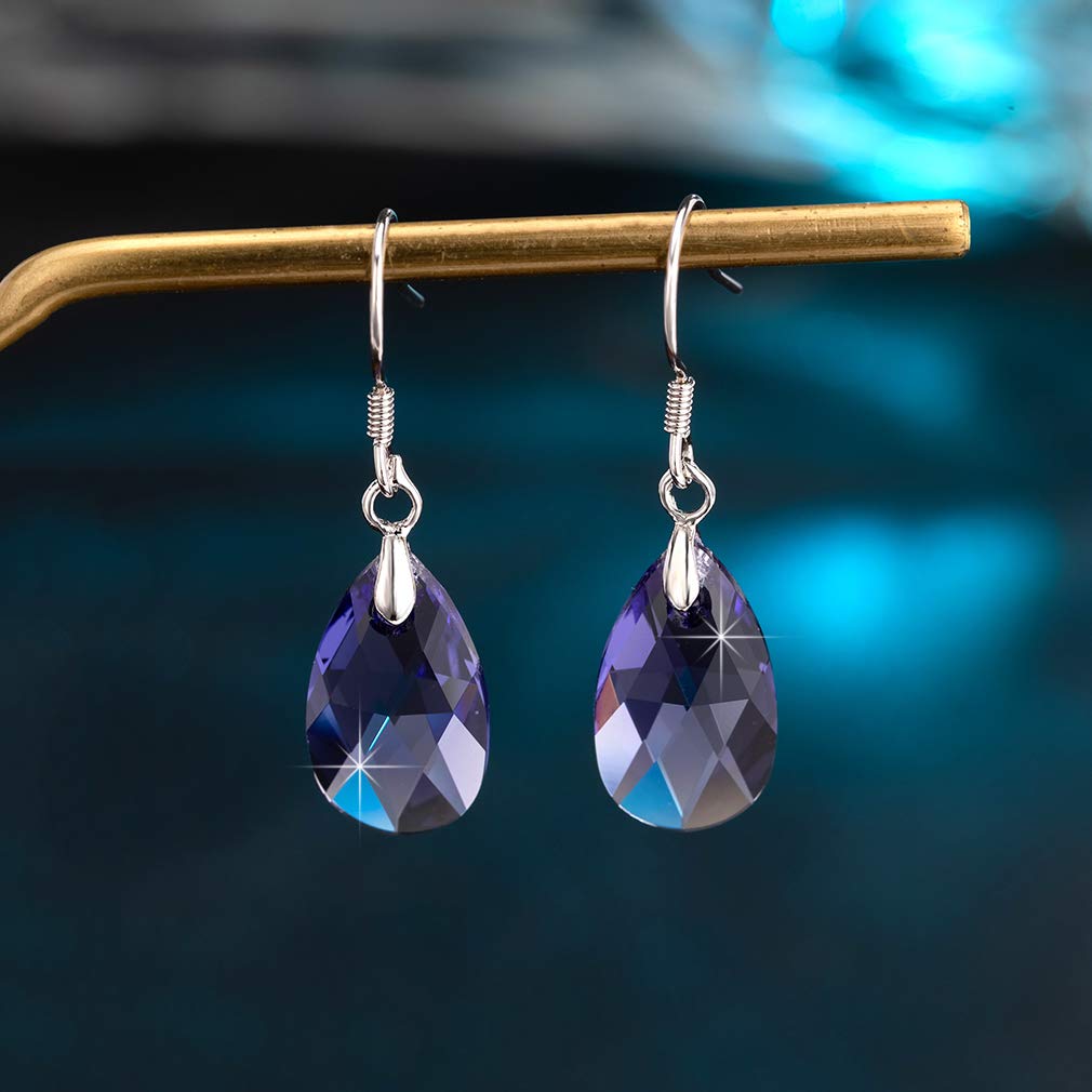 Teardrop Austrian Crystal Drop Dangle Earrings for Women 925 Sterling Silver Hook Hypoallergenic Earring (Tanzanite)