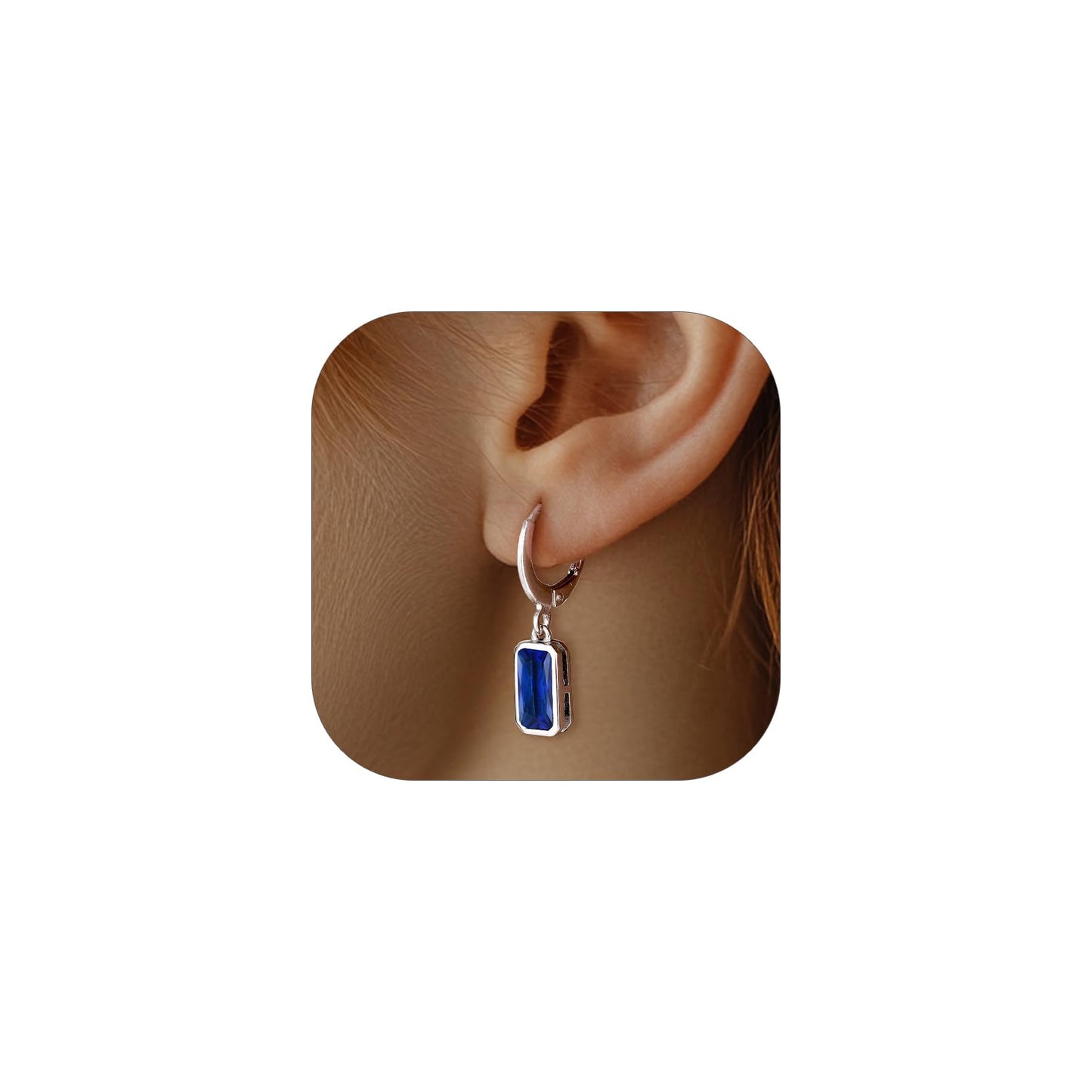 Bestyle 925 Sterling Silver September Birthstone Hoop Dangle Earrings - Clear Created Rectangle Sapphire Crystal Drop Blue Earrings - Trendy Cute Women's Small Hoop CZ Dangle Earrings
