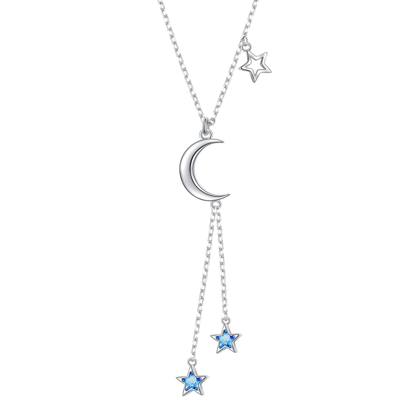 Ladytree 925 Sterling Silver Crescent Moon and Stars Celestial Jewelry Blue Star Synthetic Spinel Pendant Necklace Rolo Chain 18 inches to 20 inches