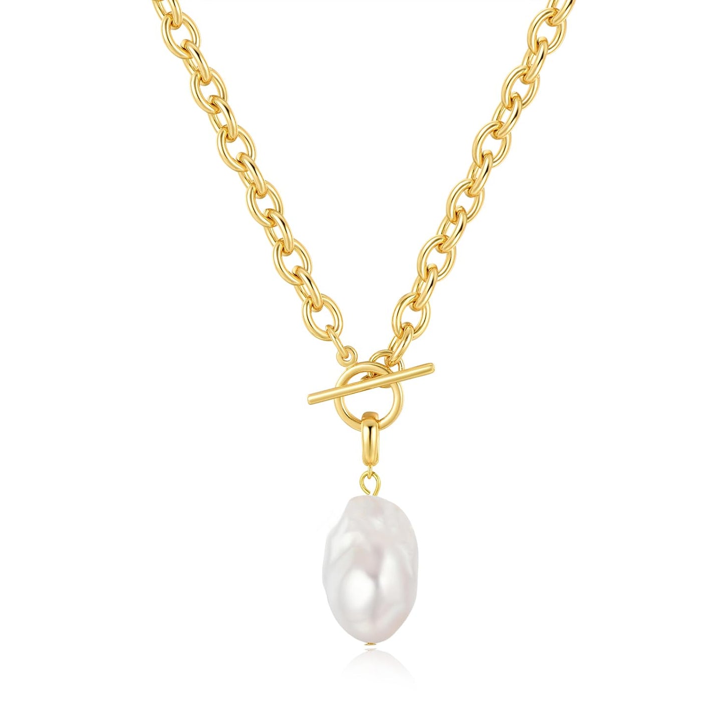 Large Freshweater Baroque Pearl Pendant Necklace for Women Chunky Single Irregular Pearl Chain Choker Handmade 14K Gold Plated Thick Link Chain with Toggle Clasp Vintage Summer Jewelry Gifts 18''