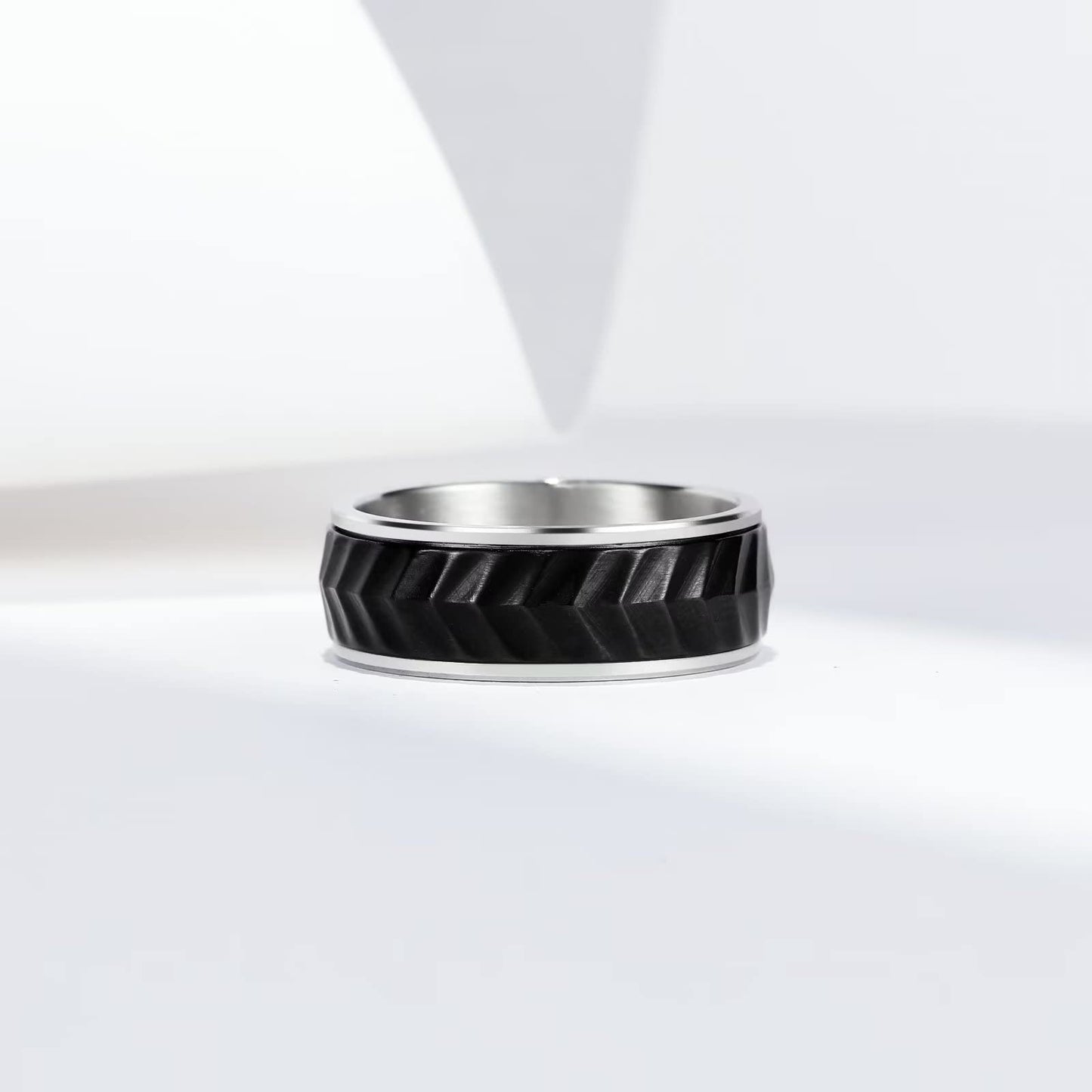 King Will Mens Black Silver 8mm Spinner Rings Tire Thread Stainless Steel Anxiety Fidget Ring for Men Tire Stripe Groove Spinner Ring 10