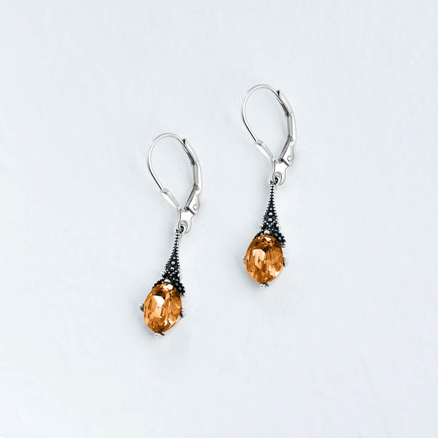 Orange Yellow Earrings for Women 925 Sterling Silver Vintage Dangle Drop Leverback Earrings with Oval Simulated Topaz November Birthstone Crystal