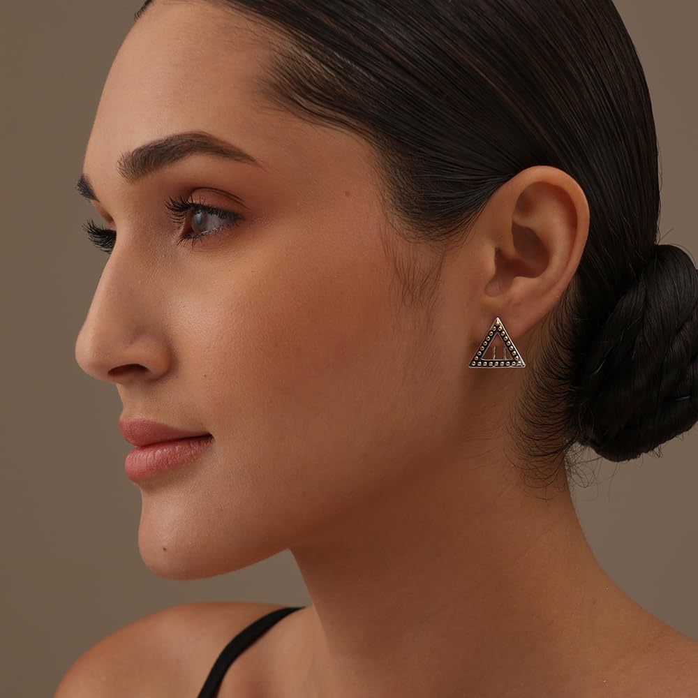 LeCalla 925 Sterling Silver Omega Back Earrings Jewelry Antique Beaded Two-Tone Triangle Omega Back Clip-On Large Stud Earrings for Women 17 MM