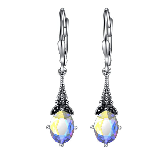 Aurora Borealis Crystal Earrings 925 Sterling Silver Vintage Leverback Drop Dangle Earrings, Christmas Birthday Jewelry Earrings Gifts for Women