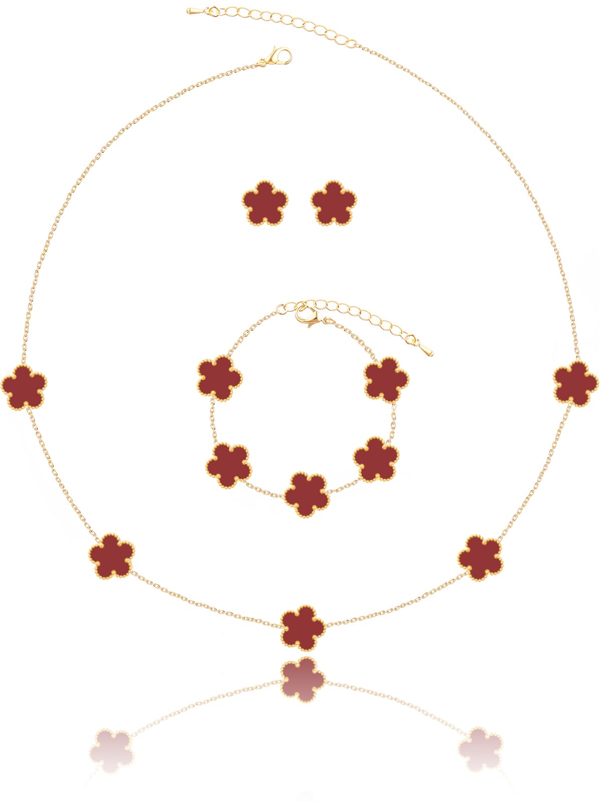 Qinpan Five Leaf Clover Necklace Bracelet and Stud Earrings Set for Women Lucky Flower Jewelry (Burgundy-14K Gold Plated)