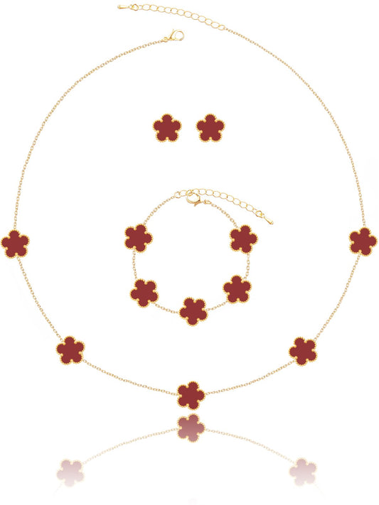 Qinpan Five Leaf Clover Necklace Bracelet and Stud Earrings Set for Women Lucky Flower Jewelry (Burgundy-14K Gold Plated)
