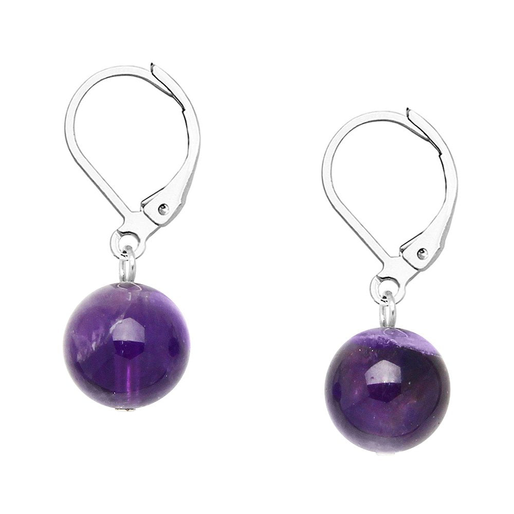 Falari 10mm Round Natural Stone Earring High Polished Rhodium Leverback Amethyst