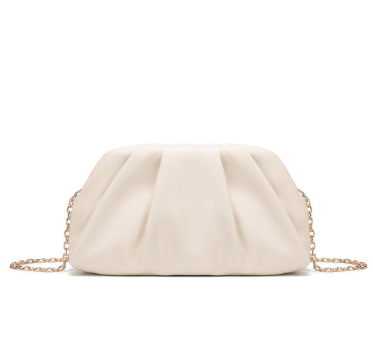Dreubea Women's Fashion Cloud Shape Evening Bag Charming Fold Leather Clutch Handbag with Chain Beige
