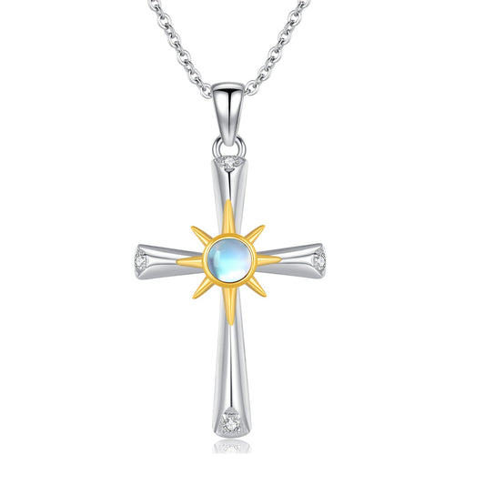 Silikepa Cross Necklace for Women 925 Sterling Silver Sun Cross Pendant Necklace with Moonstone Jewelry Gift for Women
