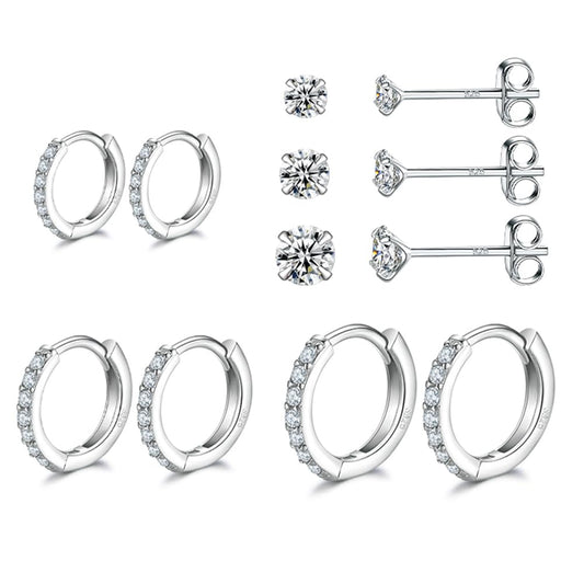 Sterling Silver Hoop Earrings Sterling Silver Stud Earrings for Women 6 Pairs Hypoallergenic Tiny Cubic Zirconia Stud Set Cartilage Hoops 6mm 8mm 10mm