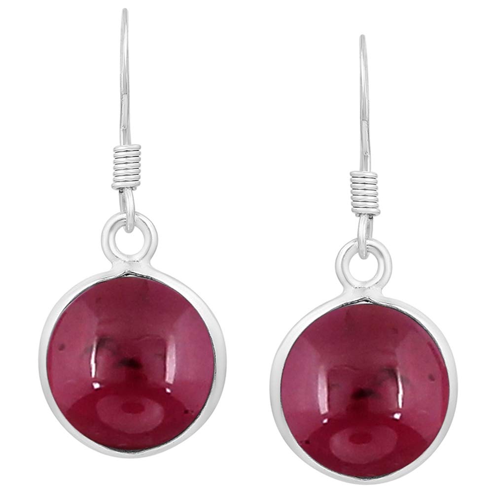 Natural Garnet 925 Silver Plated Dangle Earrings for Women - Round Shape Red Color Gemstone January Birthstone Handmade Jewelry Earrings - Anniversary Wedding Gift for Her
