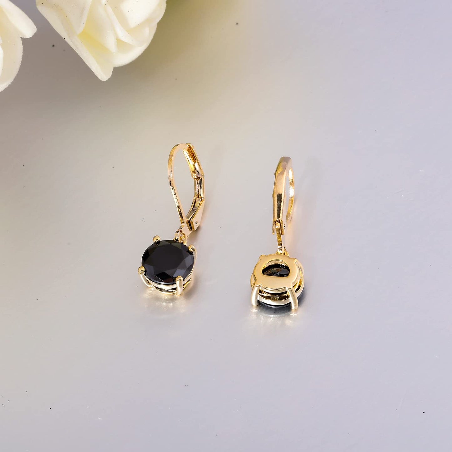 CiNily Leverback Dangle Earrings Created Black Crystal Drop Earrings 14K Gold Plated Jewelry for Women 8 mm