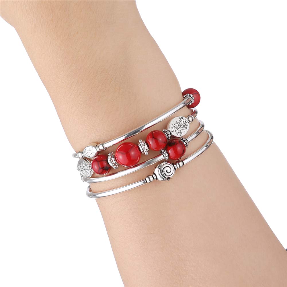 Beaded Pearl Bangle Wrap Bracelet - Fashion Bohemian Jewelry Multilayer Charm Bracelet with Thick Silver Metal Beads, Gift For Women(13-Red)