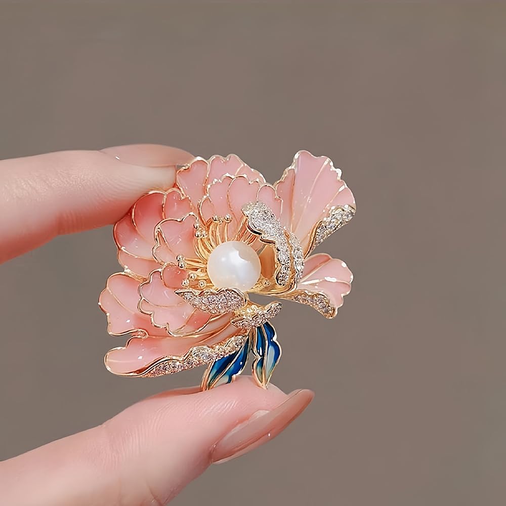 Dainty Flower Brooch Pins for Women Graceful Cubic Zircon Peony Pearl Enamel Badges Lapel Pins Trendy Banquet Prom Dress Jewelry Accessories Gift (Pink)