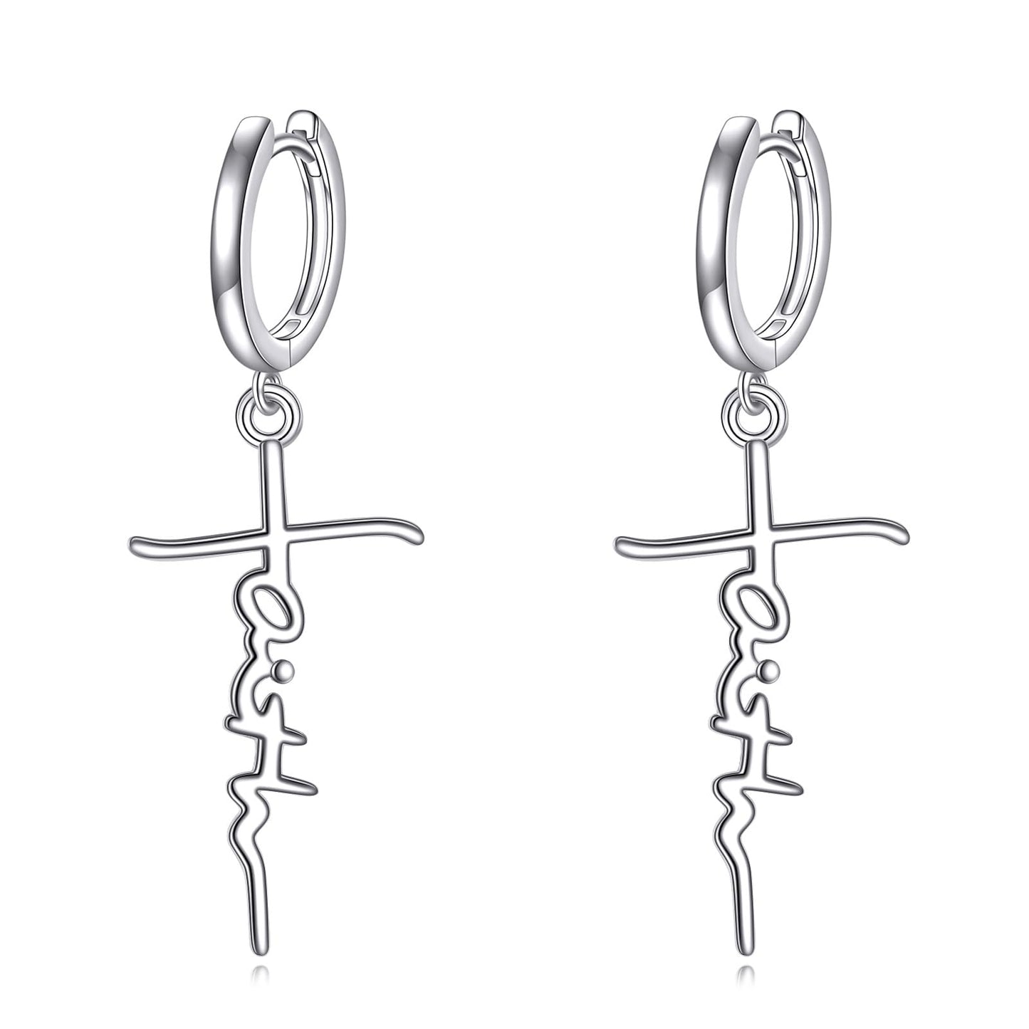 Faith Hoop Earrings for Men Women Sterling Silver Faith Dangle Earrings Religious Jewelry Gifts