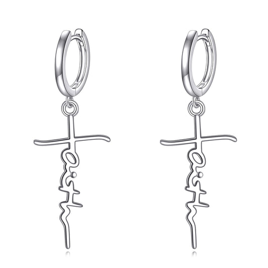 Faith Hoop Earrings for Men Women Sterling Silver Faith Dangle Earrings Religious Jewelry Gifts