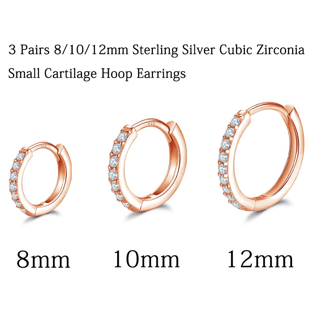 Rose Gold Cartilage Earring Hoop Sterling Silver Small Hoop Earrings Cubic Zirconia Cuff Huggie Mini Hoops Piercing for Women 8mm 10mm 12mm