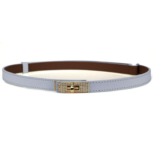 MoYoTo Women’s Stylish Rhinestone Gold Buckle Skinny Leather Belt Turn Lock Thin Waist Belts for Dresses Jeans Coats (Light Grey)