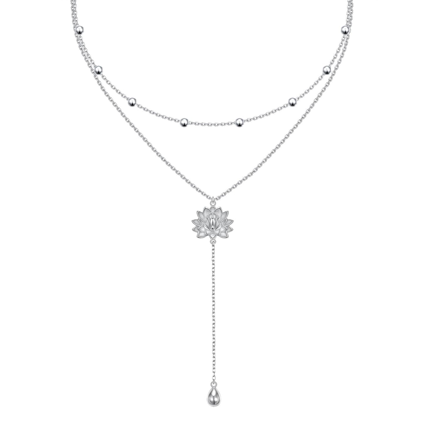FLYOW Lotus Lariat Necklace for Women S925 Sterling Silver Yoga Flower Double Choker Y Layered Long Chain Necklace Birthday Valentine's Day Gifts for Yoga Lotus Lover Ladies Mother Wife