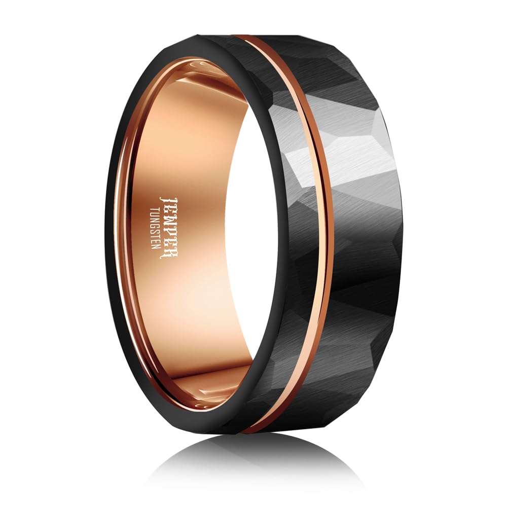 JEWPER 8mm Men Womens Wedding Band Tungsten Rings Black rose gold Fashion Promise Carbide Hammered groove design on outer ring Matte Finish Edge Comfort Fit Size(12)