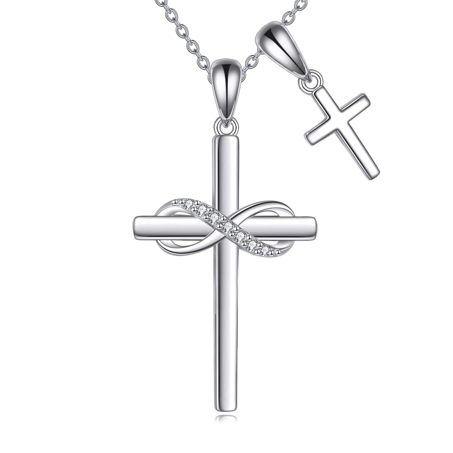 VONALA Valentines Day Infinity Cross Necklace 925 Sterling Silver Double Cross Pendant Necklace Faith Jewelry Religious Gifts for Women