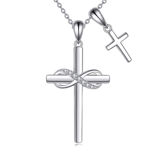 VONALA Valentines Day Infinity Cross Necklace 925 Sterling Silver Double Cross Pendant Necklace Faith Jewelry Religious Gifts for Women
