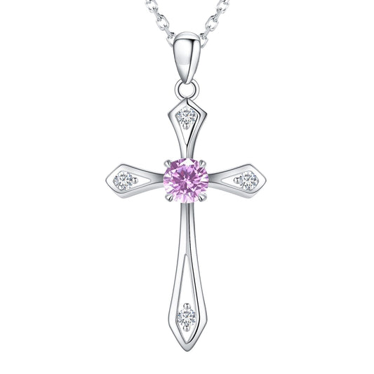 Cross Necklace for Women ,925 Sterling Silver Birthstone Necklace,Pink -October Birthstone Cross pendant jewelry,Faith Religious Fine Jewelry Valentines Day Gifts Birthday Holiday Gifts for Her