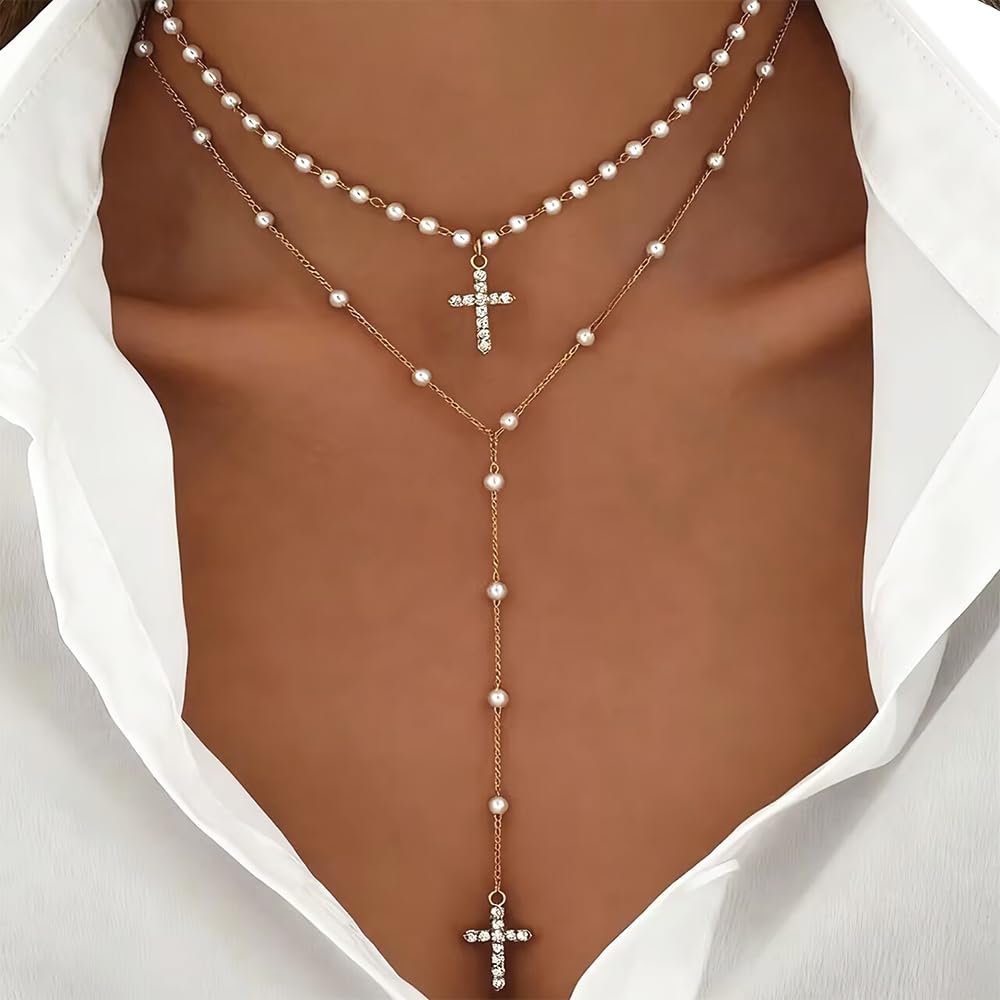2PCS Layered Gold Cross Necklaces for Women Trendy, Bohemian Bead Pearl Y Long Pendant Necklace Set, Vintage Rosary Necklace Stack Adjustable Length