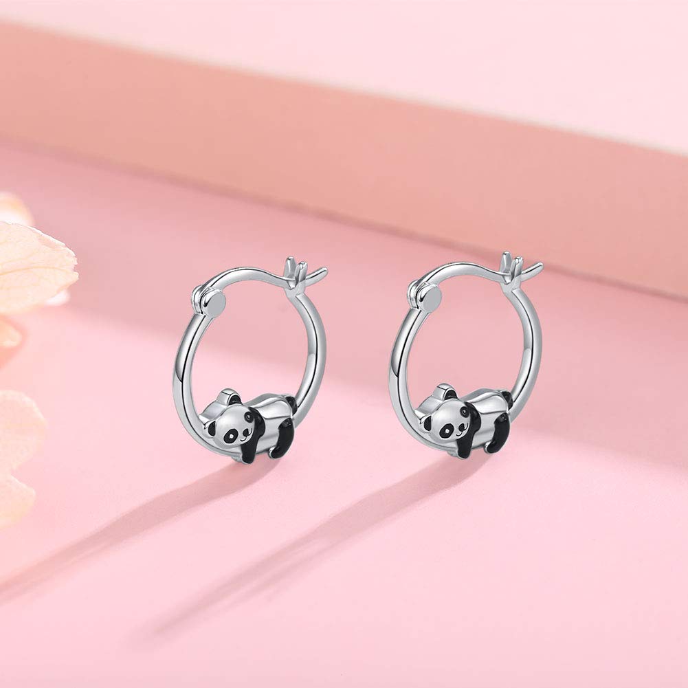 JUSTKIDSTOY Hypoallergenic Panda Hoop Earrings for Women Girls Sterling Silver Small Animal Huggie Hoop Earrings for Sensitive Ears Panda Jewelry Mother's Day Gifts for Mother Daughter