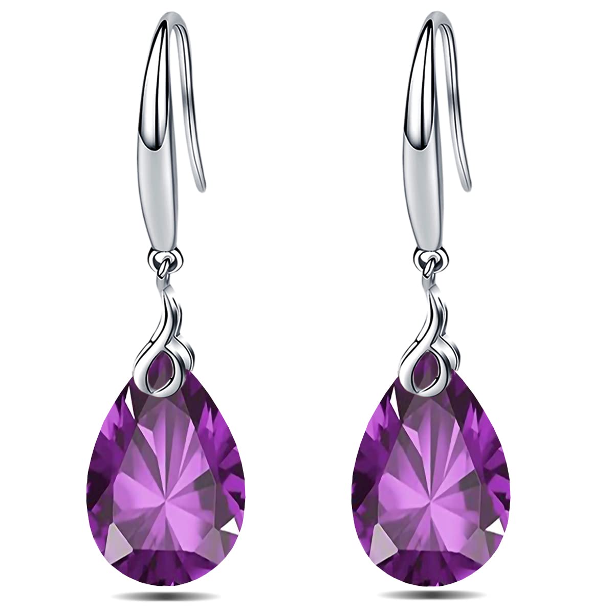 Maylover 14k White Gold Plated 925 Sterling Silver 12mm Pear Shape Naked Drill Crystal Dangle Earrings For Women (Earrings Purple color)