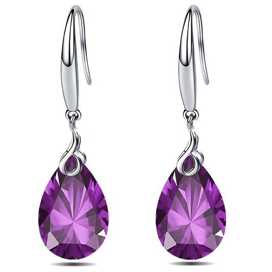 Maylover 14k White Gold Plated 925 Sterling Silver 12mm Pear Shape Naked Drill Crystal Dangle Earrings For Women (Earrings Purple color)