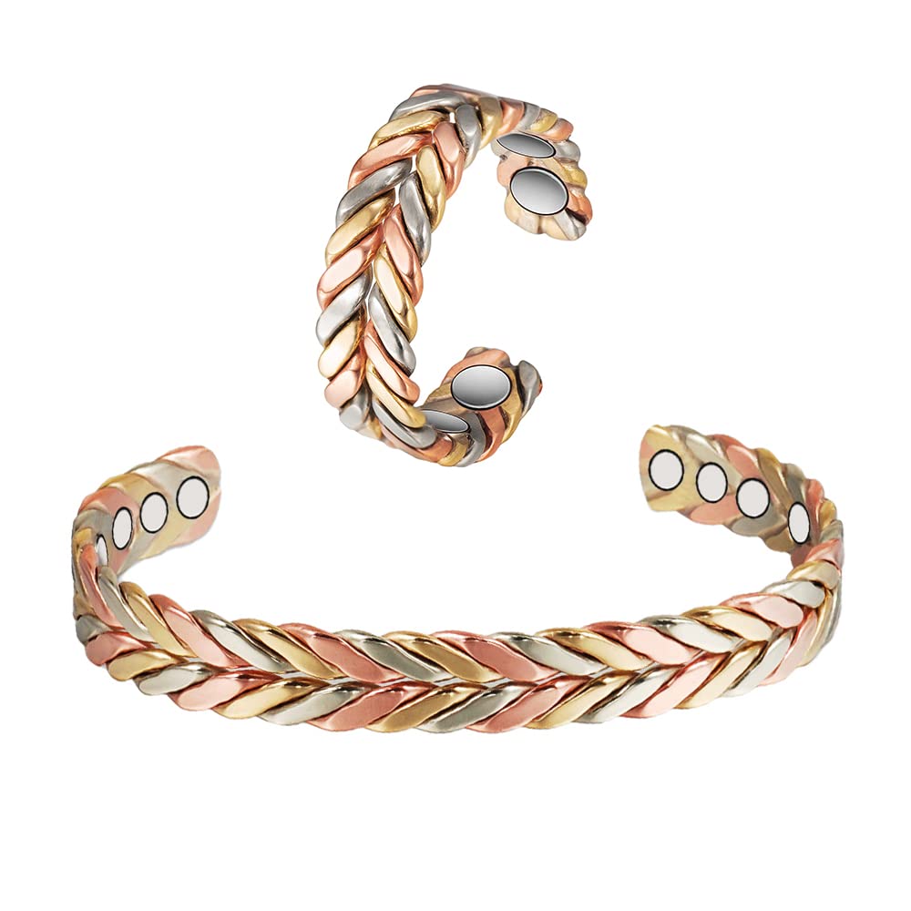 EnerMagiX Copper Bracelet for Women, Pure Copper Suit Adjustable Three-Color Gold Braid Magnetic Bracelet Ring, Fashsion Jewelry Presents（0932 2040）