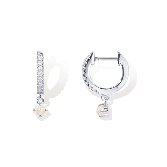 PAVOI Rhodium Plated 925 Sterling Silver Post Trendy Cubic Zirconia and Pearl Dangle Huggie Earrings for Women - Small Gold Hinged Pearl Huggie Hoop Earrings