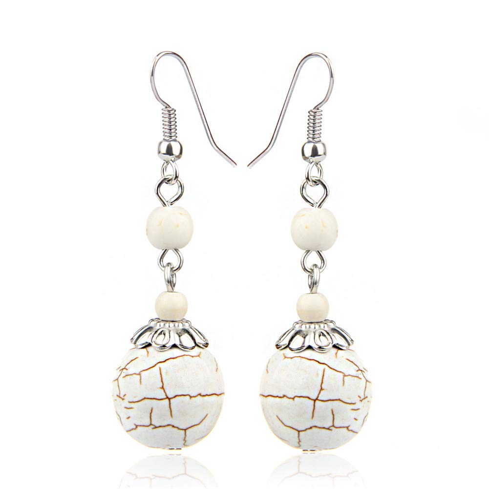 Double Turquoise Drop Earrings Natural Stone Round Bead Ball Dangle Earrings for Women Fashion Jewelry Gift (L:white)