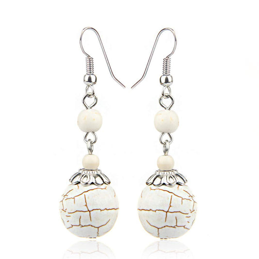 Double Turquoise Drop Earrings Natural Stone Round Bead Ball Dangle Earrings for Women Fashion Jewelry Gift (L:white)
