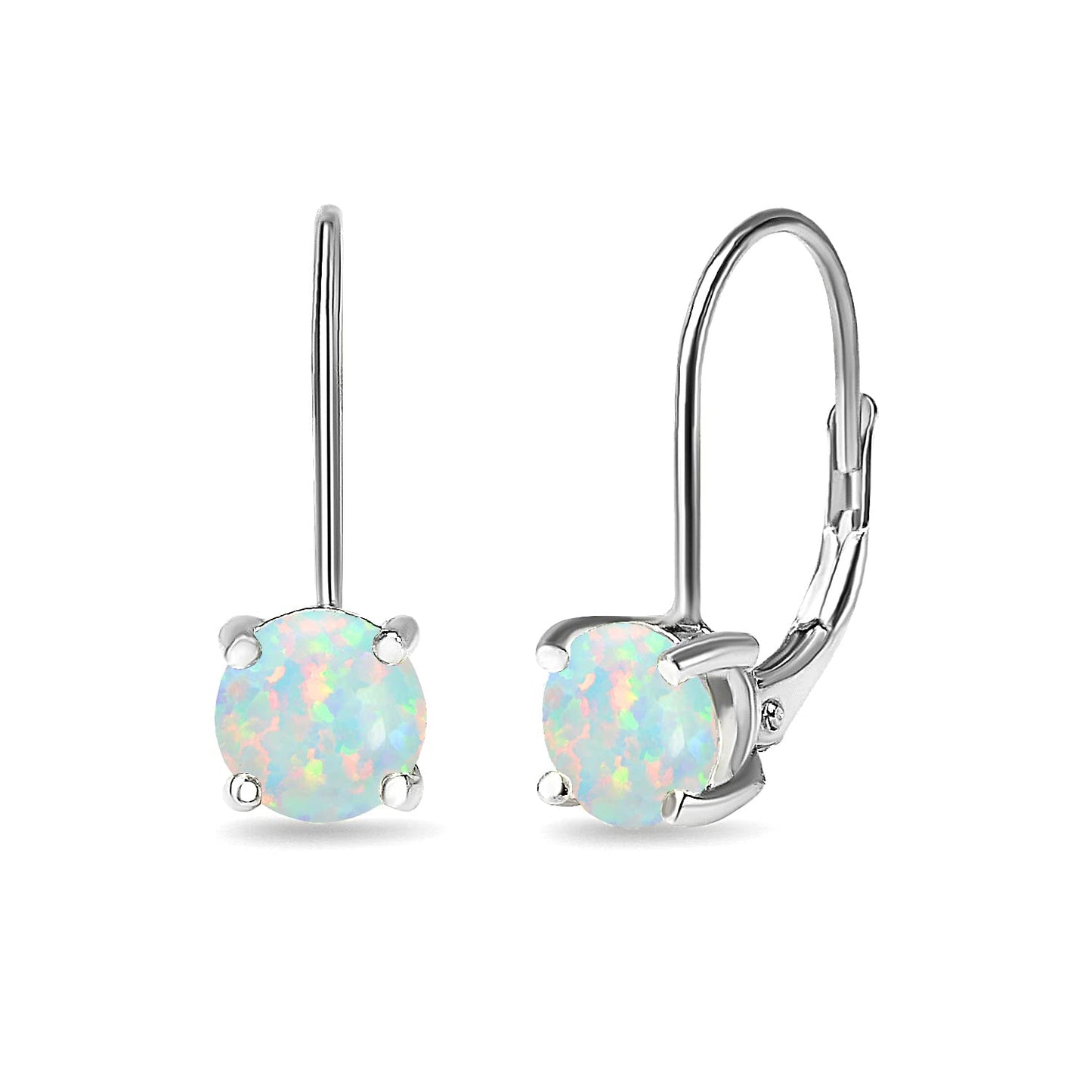 Opal Earrings for Women Sterling Silver 6mm Round Leverback Drop Created Opals Gem Earrings for Bridesmaids Fashion Trendy