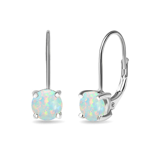 Opal Earrings for Women Sterling Silver 6mm Round Leverback Drop Created Opals Gem Earrings for Bridesmaids Fashion Trendy