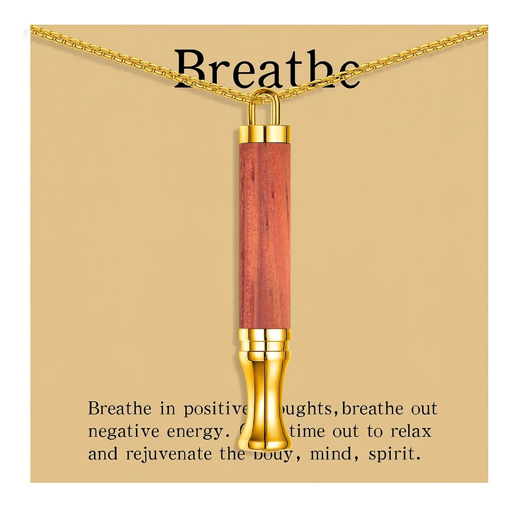 BOLAGTIER Mindful Breathing Necklace: Natural Wood Fidget Charm for Anxiety Relief & Quit Smoking Aid, Stainless Steel Sensory Pendant to Calm Your Mind (Gold)