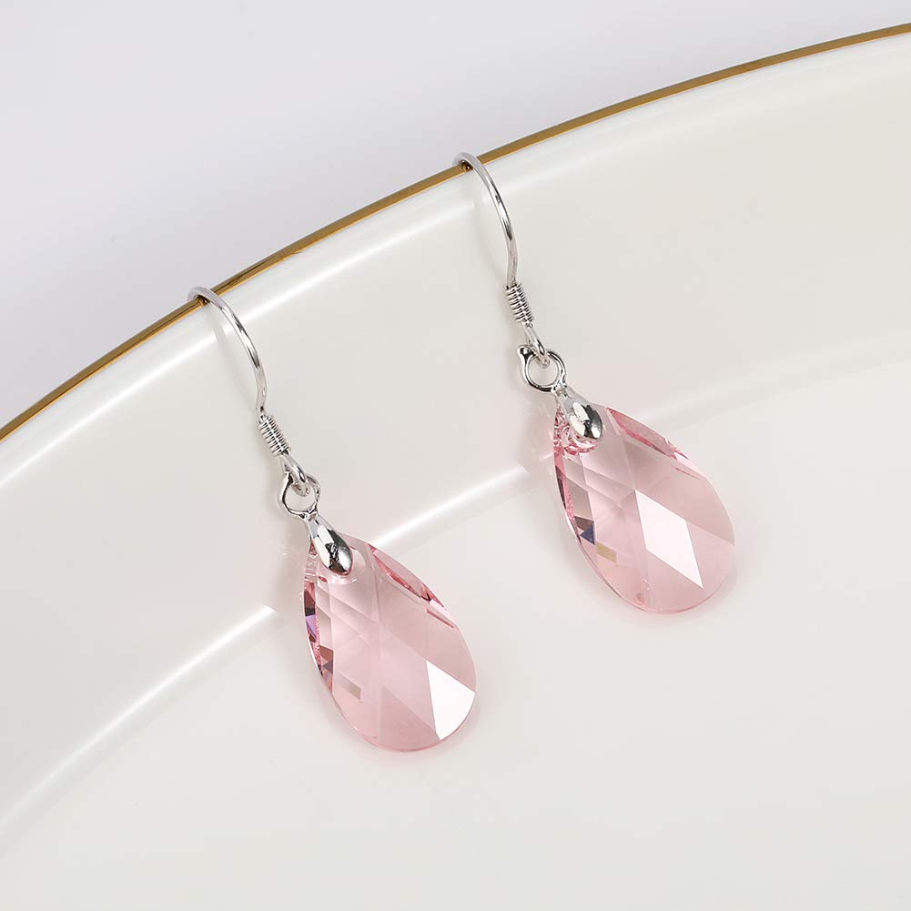 Teardrop Austrian Crystal Drop Dangle Earrings for Women 925 Sterling Silver Hook Hypoallergenic Earring (Pink)