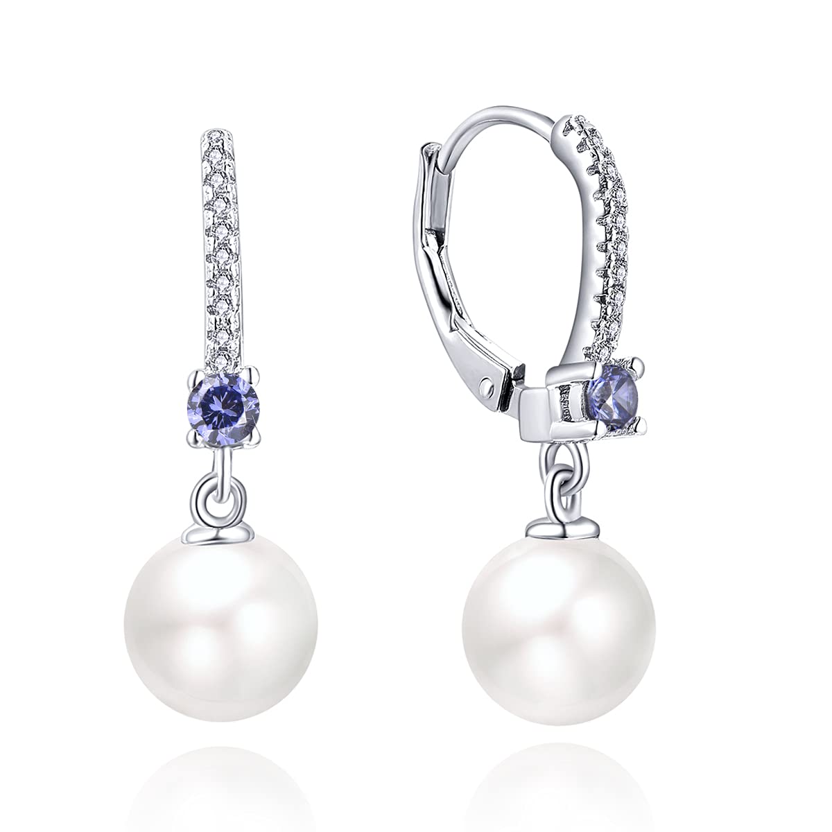 JO WISDOM Pearl Earrings,925 Sterling Silver 8mm Pearl Leverback Drop Earrings with 3A CZ December Birthstone Tanzanite Color,Jewelry for Women