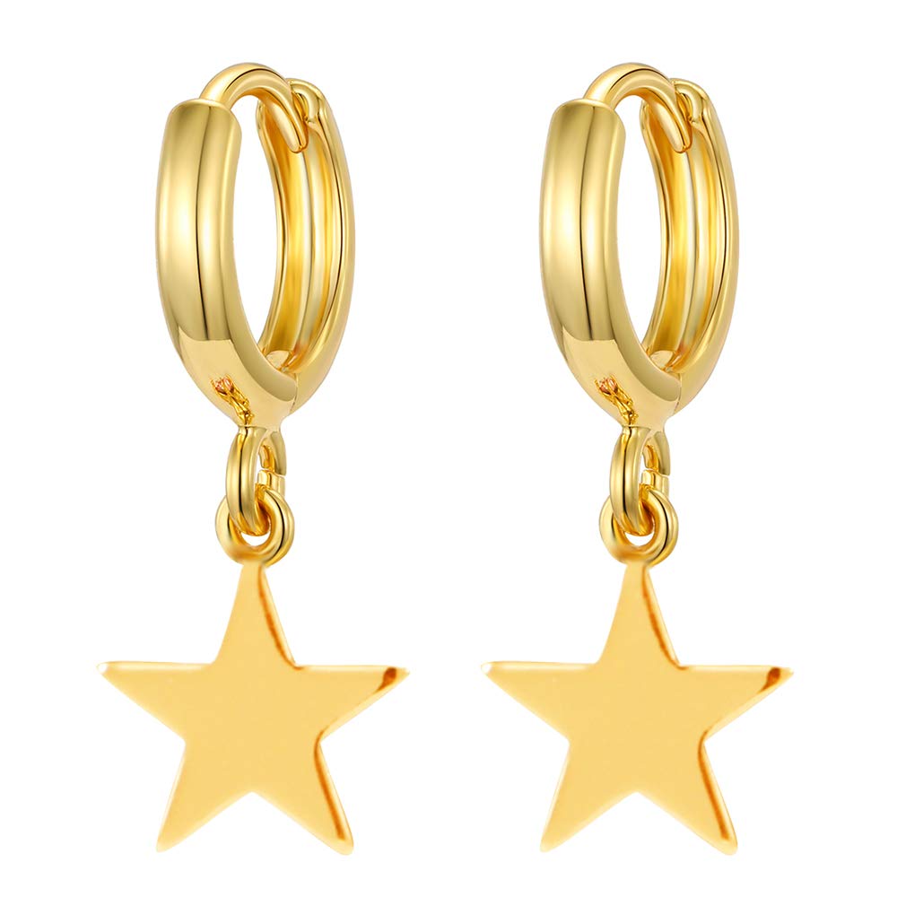 Small Hoop Star Dangle Drop Hoop Earrings With Small Charm for Women Cute Cartilage Fashion 18K Yellow Gold Plated Vintage Elegant Dangling Jewelry