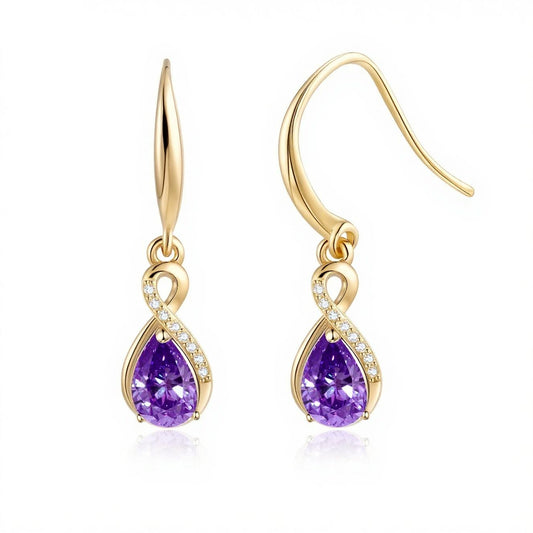 Infinity Birthstone Earrings 18K Gold Plated 925 Sterling Silver Teardrop Infinity Drop Dangle Earrings Amethyst Jewelry Birthday Gifts for Women Her Mother Wife