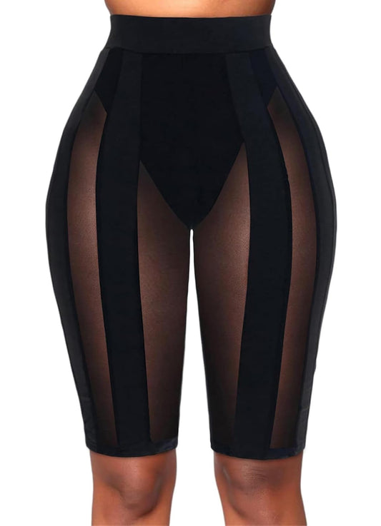 Atyfuniby High Waisted Leggings for Women - Striped Patchwork Sexy Skinny Mesh See Through Stretchy Knee Length Pants Clubwear Black S