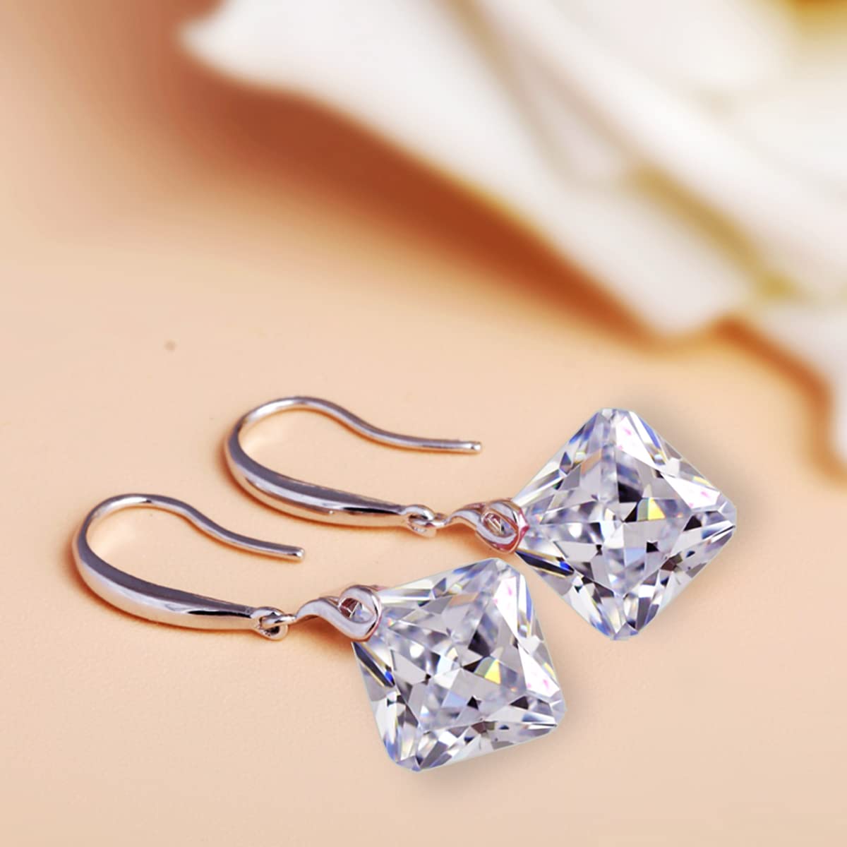 Maylover 14k White Gold Plated 925 Sterling Silver 12mm Pear Shape Naked Drill Crystal Dangle Earrings For Women (Square Clear)