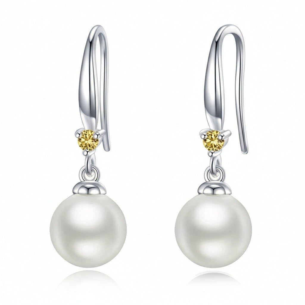 925 Sterling Silver Pearl Leverback Earrings Dangle Drop Birthstone Jewelry Gifts for Women (White Pearl-November)